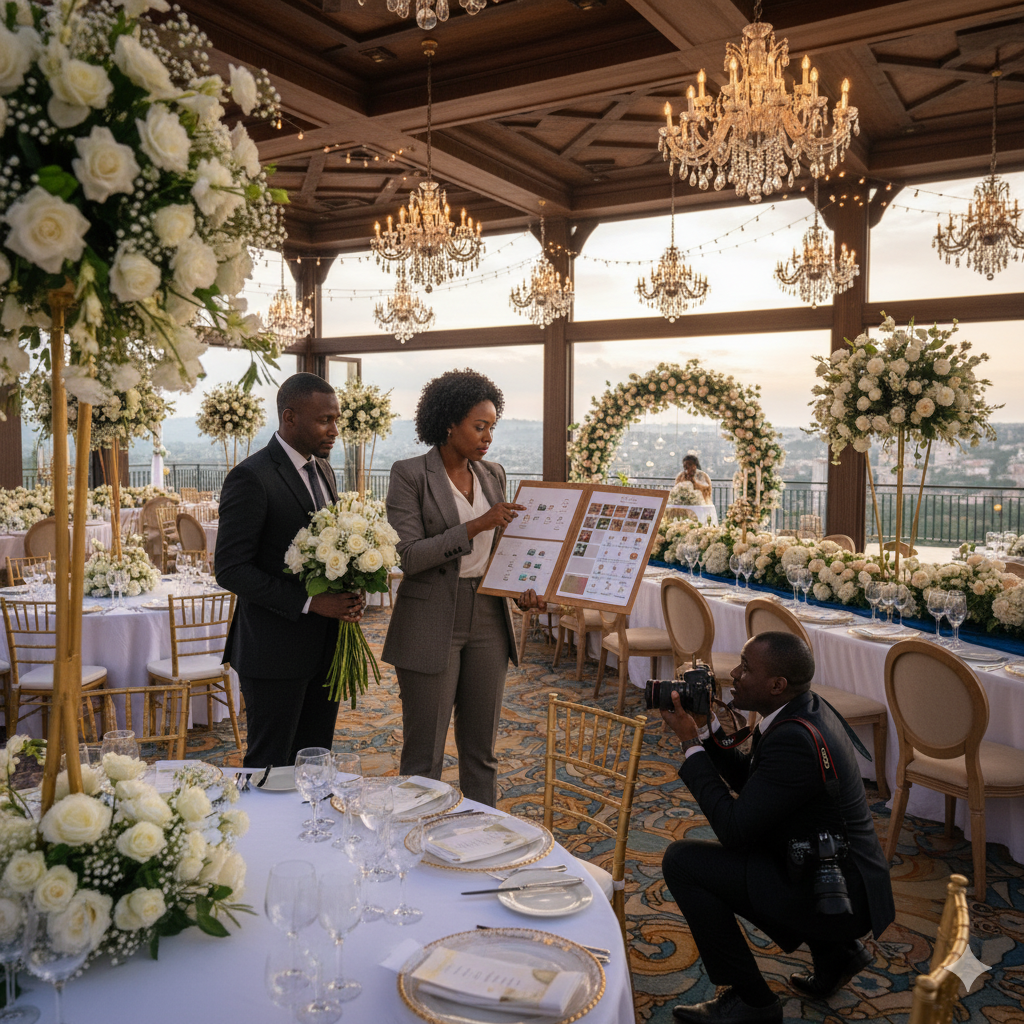 Rwandan wedding planner coordinating with decorator and photographer at venue.