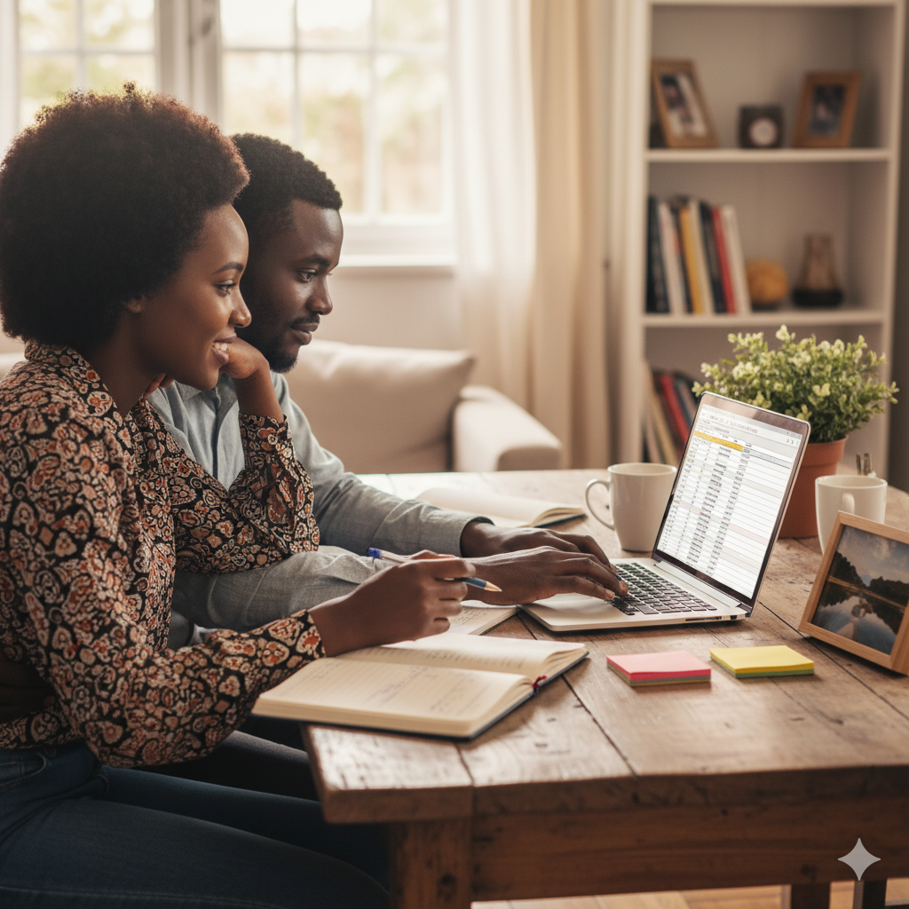 Rwandan couple planning wedding budget together at home.