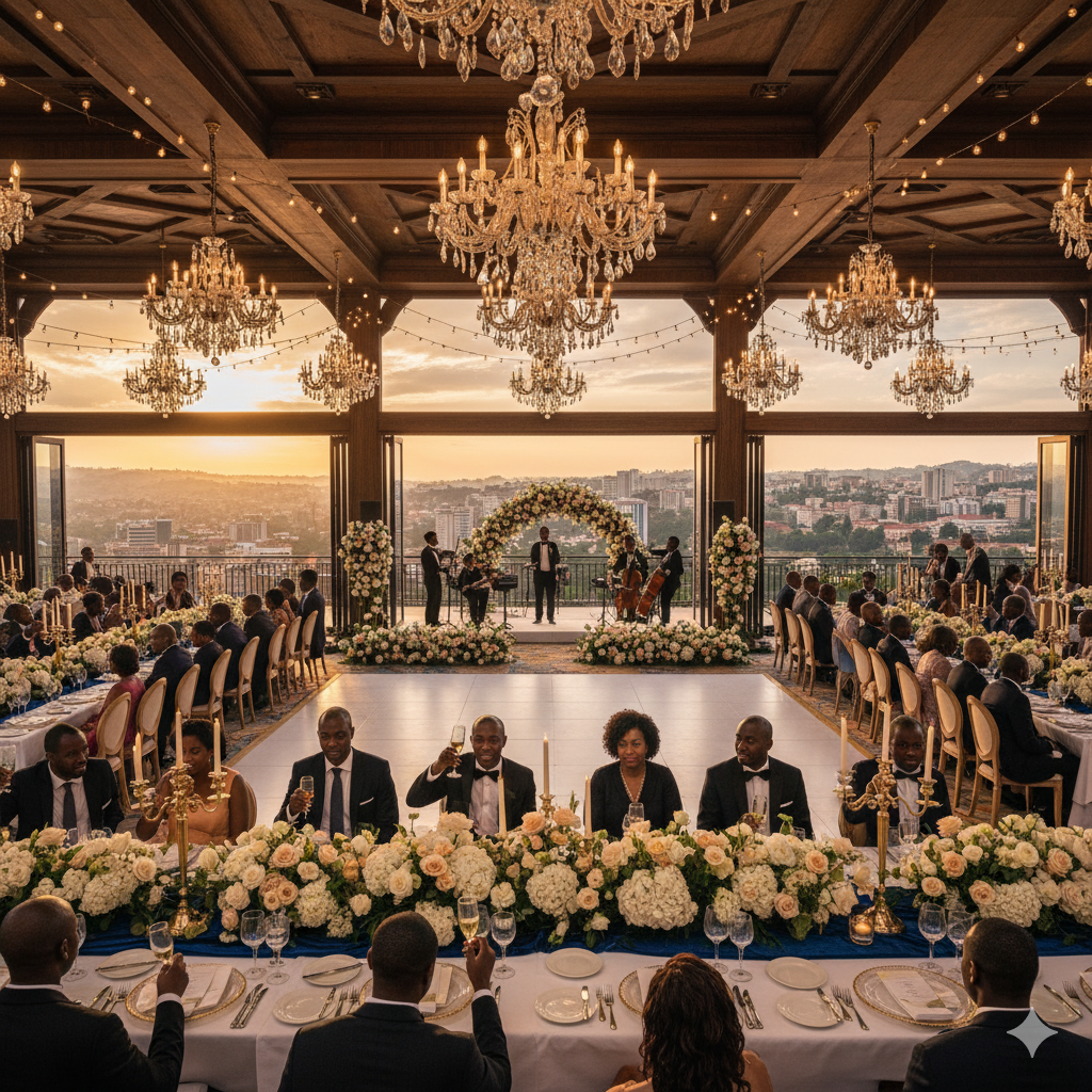 Elegant Kigali wedding venue with floral decor and panoramic city views.