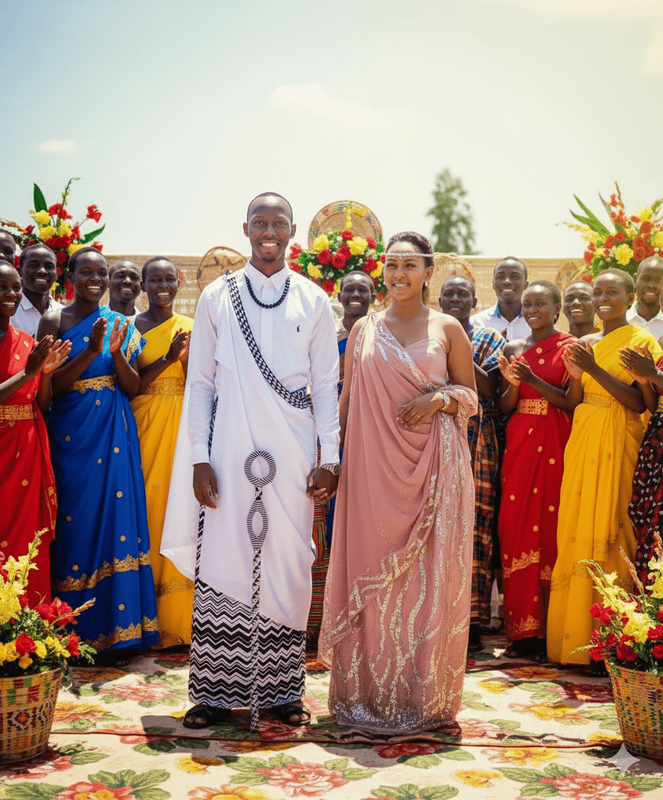 Rwandan couple in traditional imishanana attire celebrating their cultural wedding ceremony.
