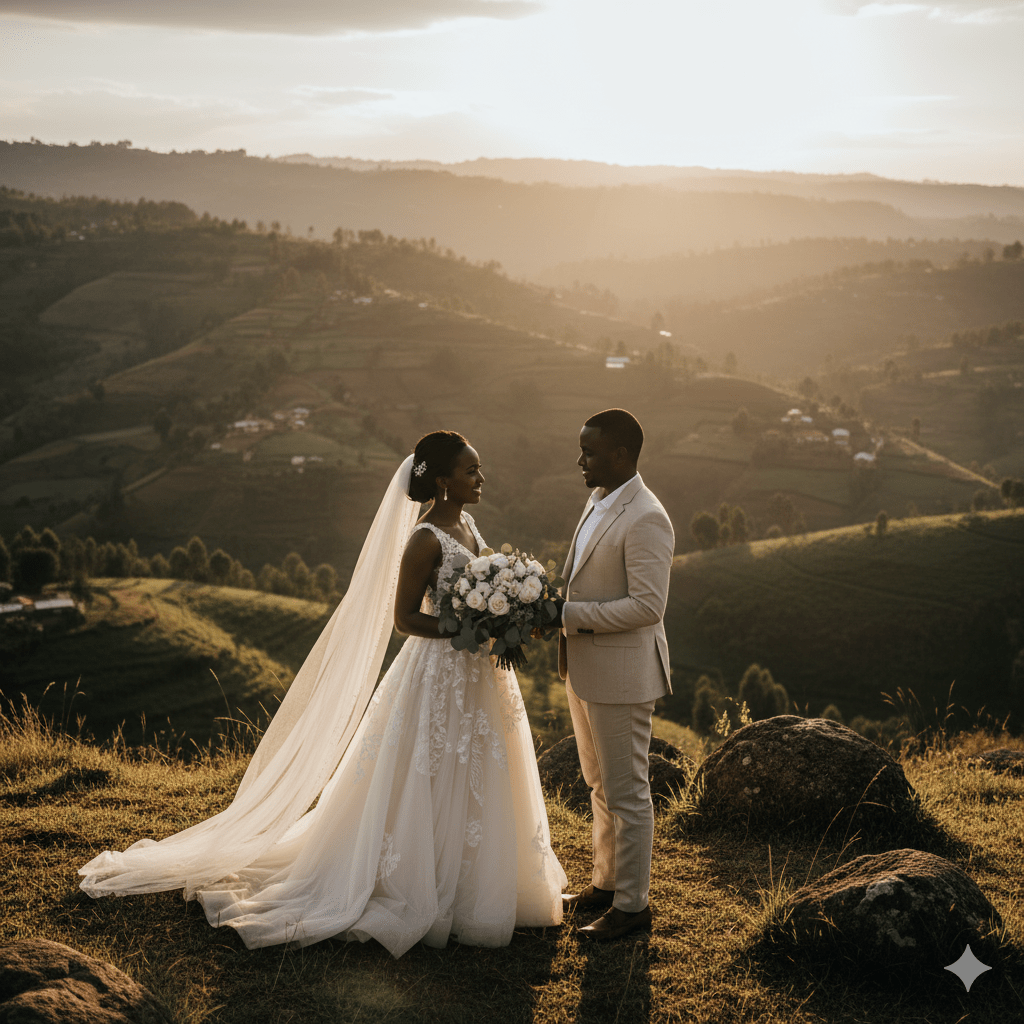 Bride and groom photoshoot overlooking Rwanda’s rolling hills at sunset.